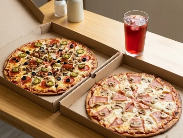 Menu item de Rosvil Pizzas | Pizza a domicilio en Puerto Vallarta: Promo Familiar Medianas (2 Pizzas Medianas + Agua de Sabor GRATIS)