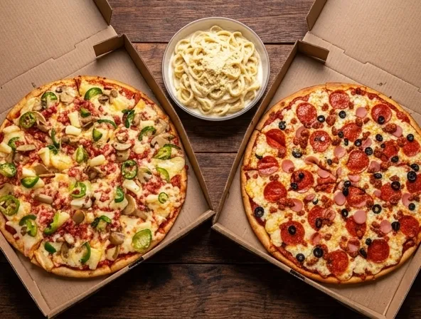 Menu item de Rosvil Pizzas | Pizza a domicilio en Puerto Vallarta: Promo Familiar Grandes (2 Pizzas Grandes + Pasta Alfredo GRATIS)