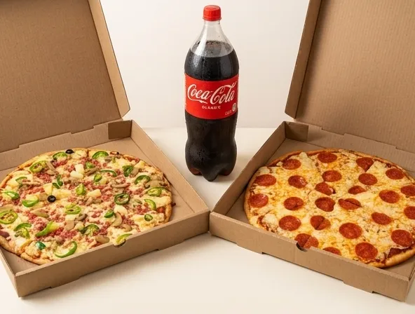 Menu item de Rosvil Pizzas | Pizza a domicilio en Puerto Vallarta: Promo Familiar Jumbo (2 Pizzas Jumbo + Refresco Grande GRATIS)