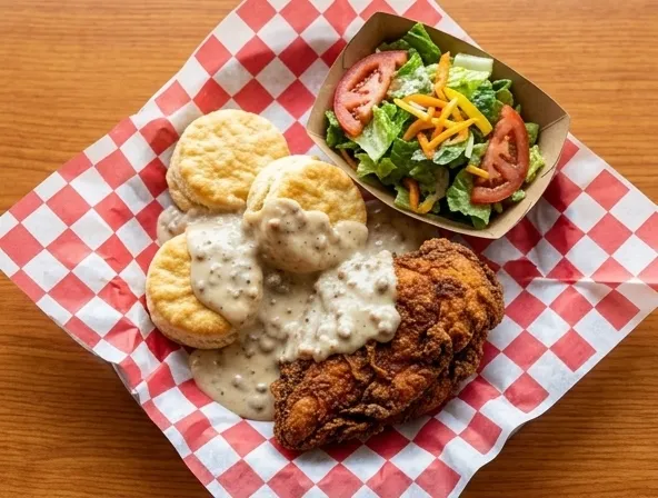 Menu item de Hot Mamma´s Hot Chicken – Nashville en la Condesa CDMX: Pollo Frito con Biscuits & Gravy