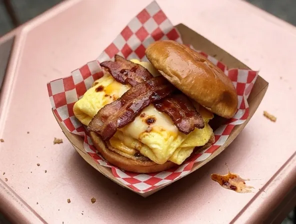 Menu item de Hot Mamma´s Hot Chicken – Nashville en la Condesa CDMX: Brioche Bacon Buster Egg Sammy