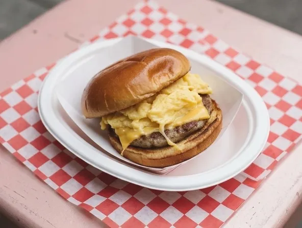 Menu item de Hot Mamma´s Hot Chicken – Nashville en la Condesa CDMX: Sandwich Sausage, Egg and Cheese Sammy